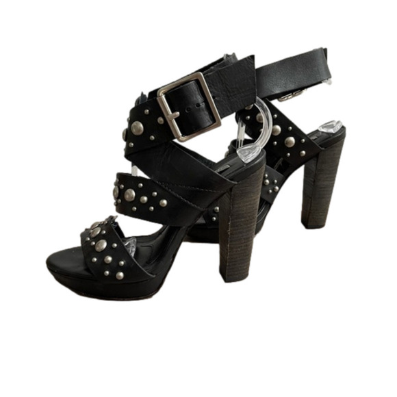 VERA Wang Lavender Label Black Leather Heel Sandals with Studs - Picture 4 of 10